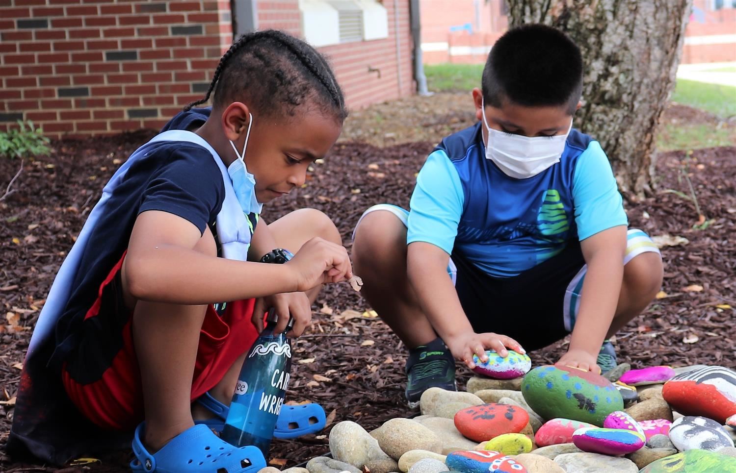 students in rock garden